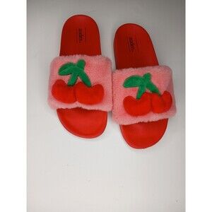 Auden Women Slide Sandals Size 9 Red Pink Cherry Fuzzy Slip On Cute Summer Slip